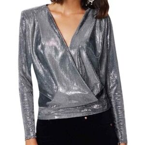 Ramy Brook Chainmail Knit Esther Faux Wrap Top Silver Metallic Size medium